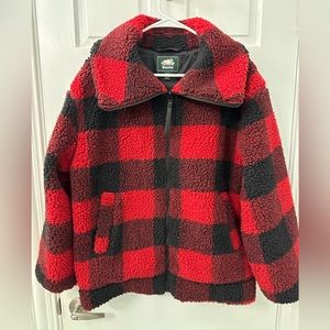 Roots red black buffalo plaid Sherpa fleece zip up jacket S